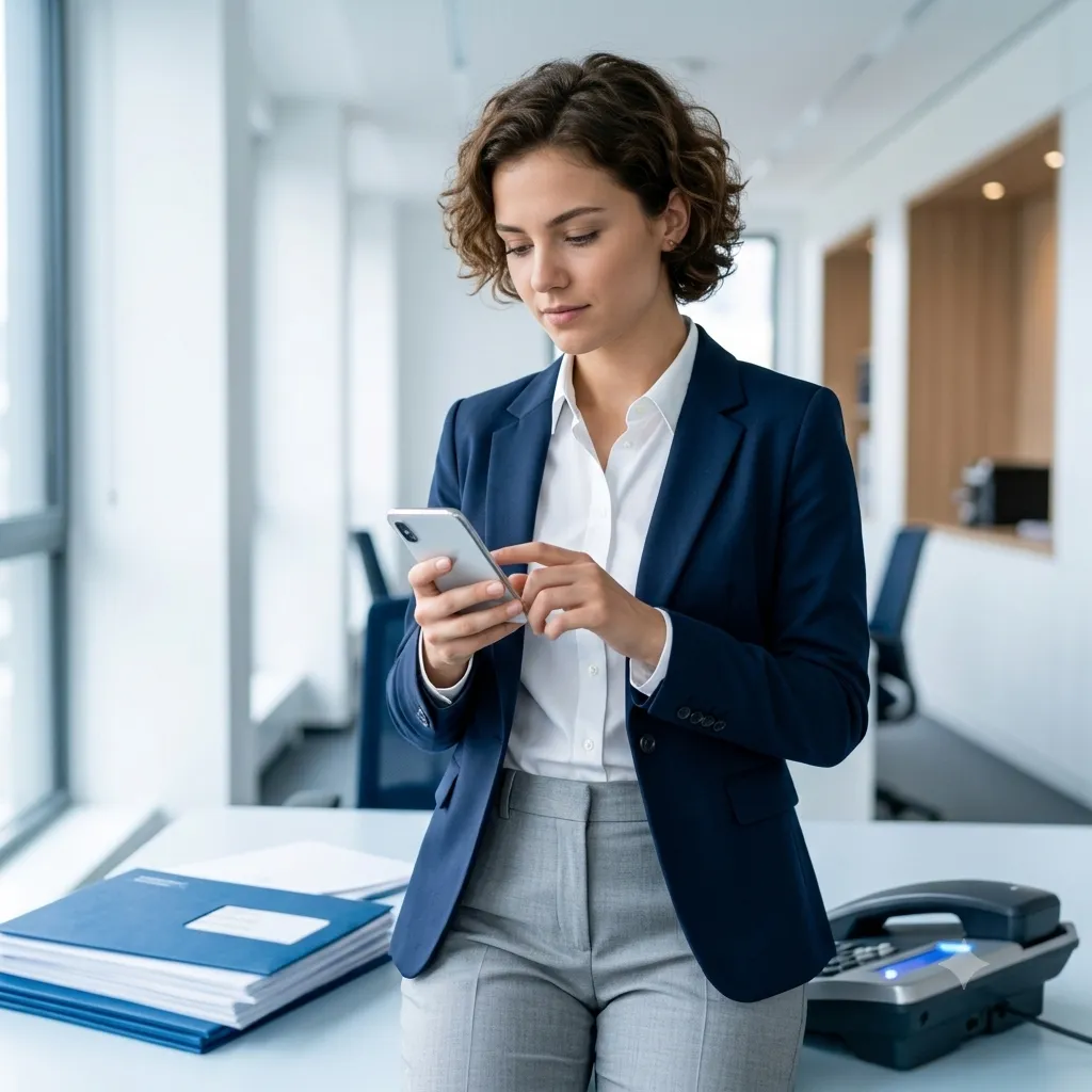 Junge Fachkraft am Smartphone im Büro – Telefonangst und digitale Kommunikation bei Berufseinsteigern