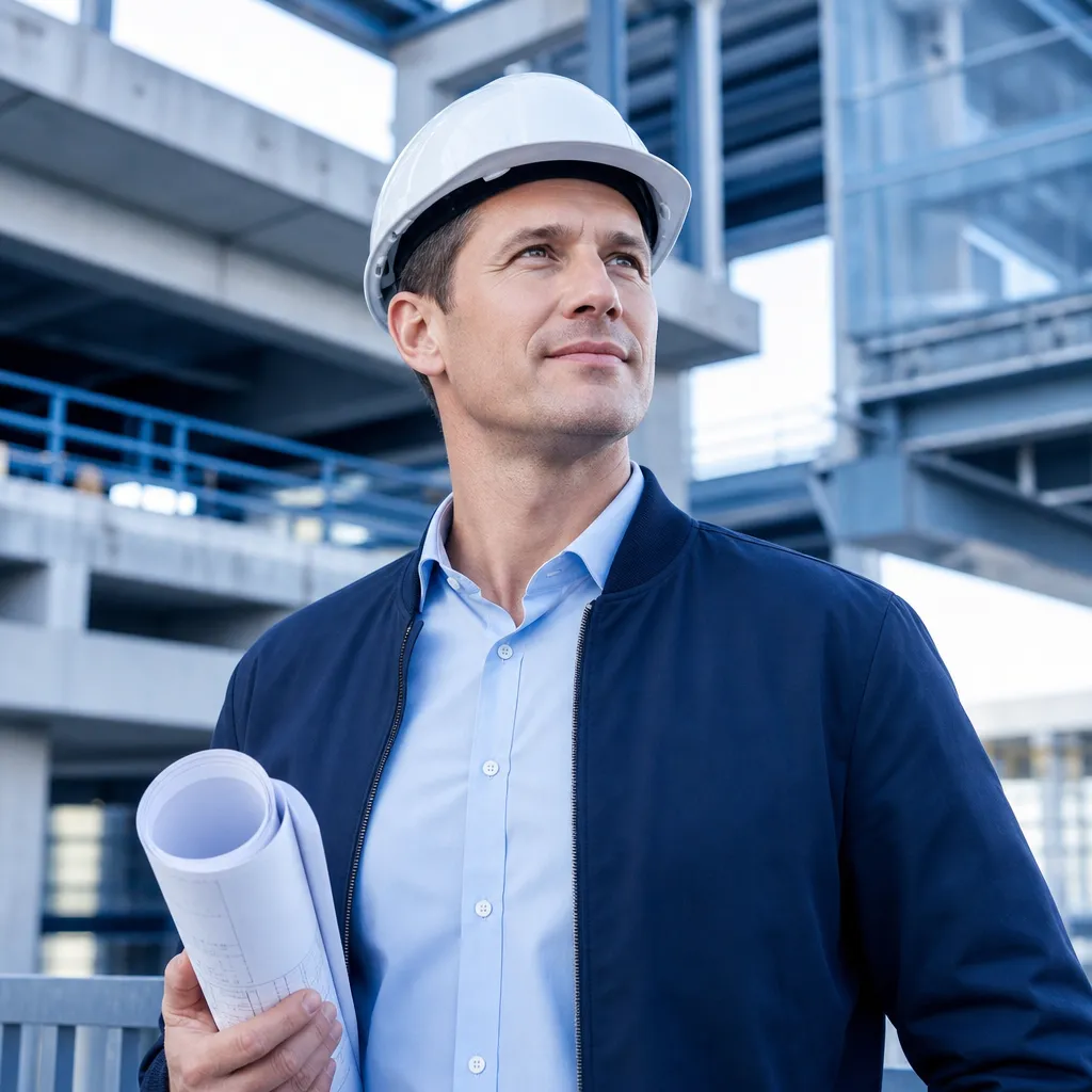 Bauingenieur mit Helm prüft Pläne auf der Baustelle — Business English für die Bauindustrie bei CASTLE® Pro