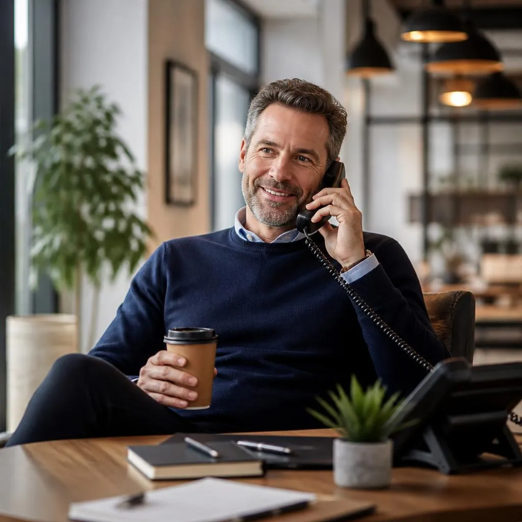 Entspannter Mann mit Kaffeebecher telefoniert ohne Bildschirm beim Business English Telefontraining mit CASTLE® Pro