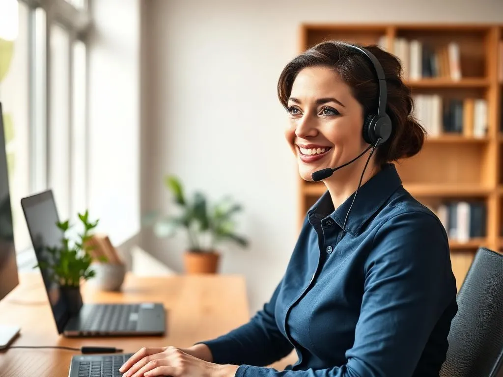 Freundliche CASTLE® Pro Trainerin mit Headset am Laptop — persönliches 1:1 Business English Telefontraining