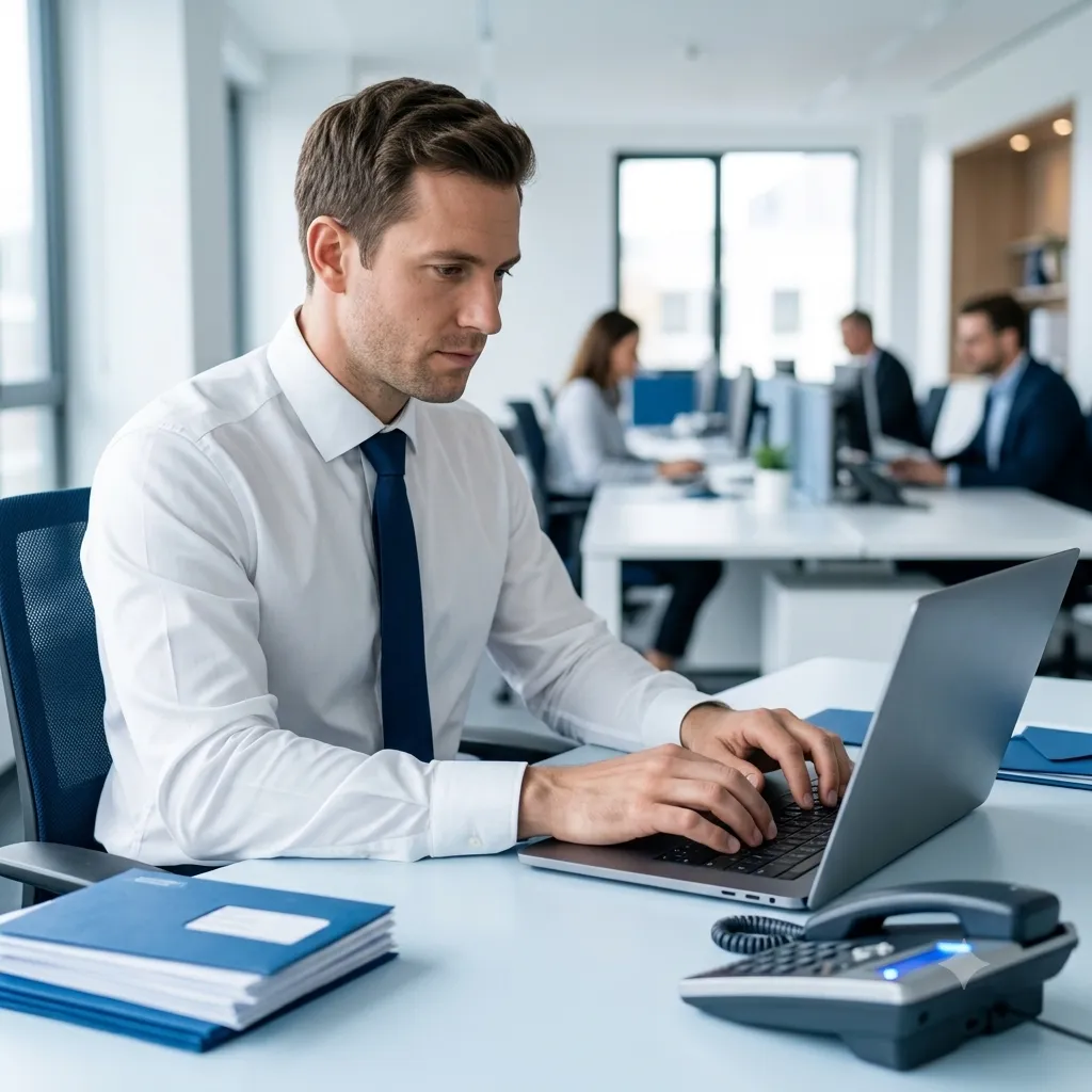 Fachkraft am Arbeitsplatz mit Laptop und Telefon – Sprechangst vor englischen Telefonaten im Büroalltag