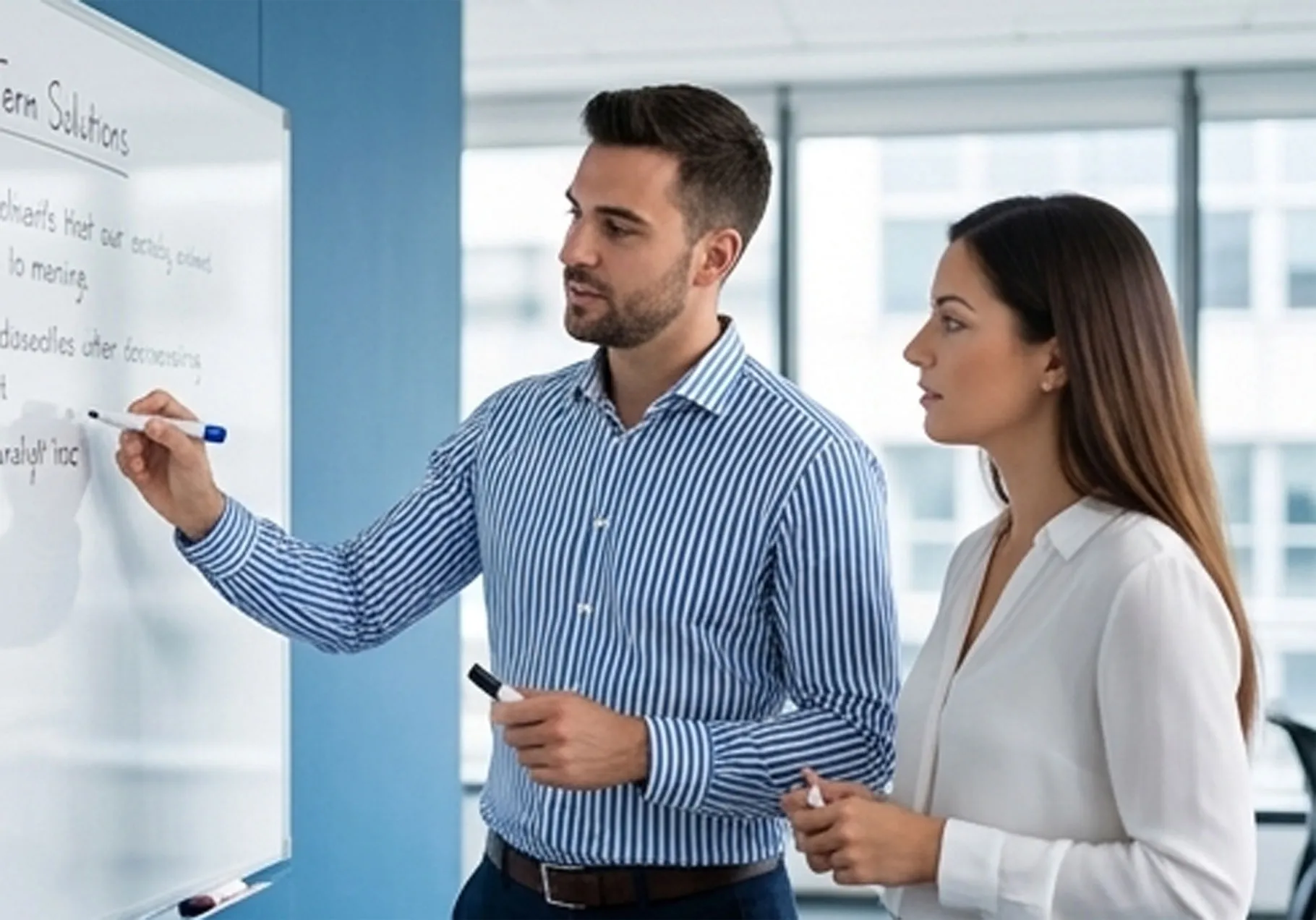 Business English Trainer erklärt Inhalte an einem Whiteboard