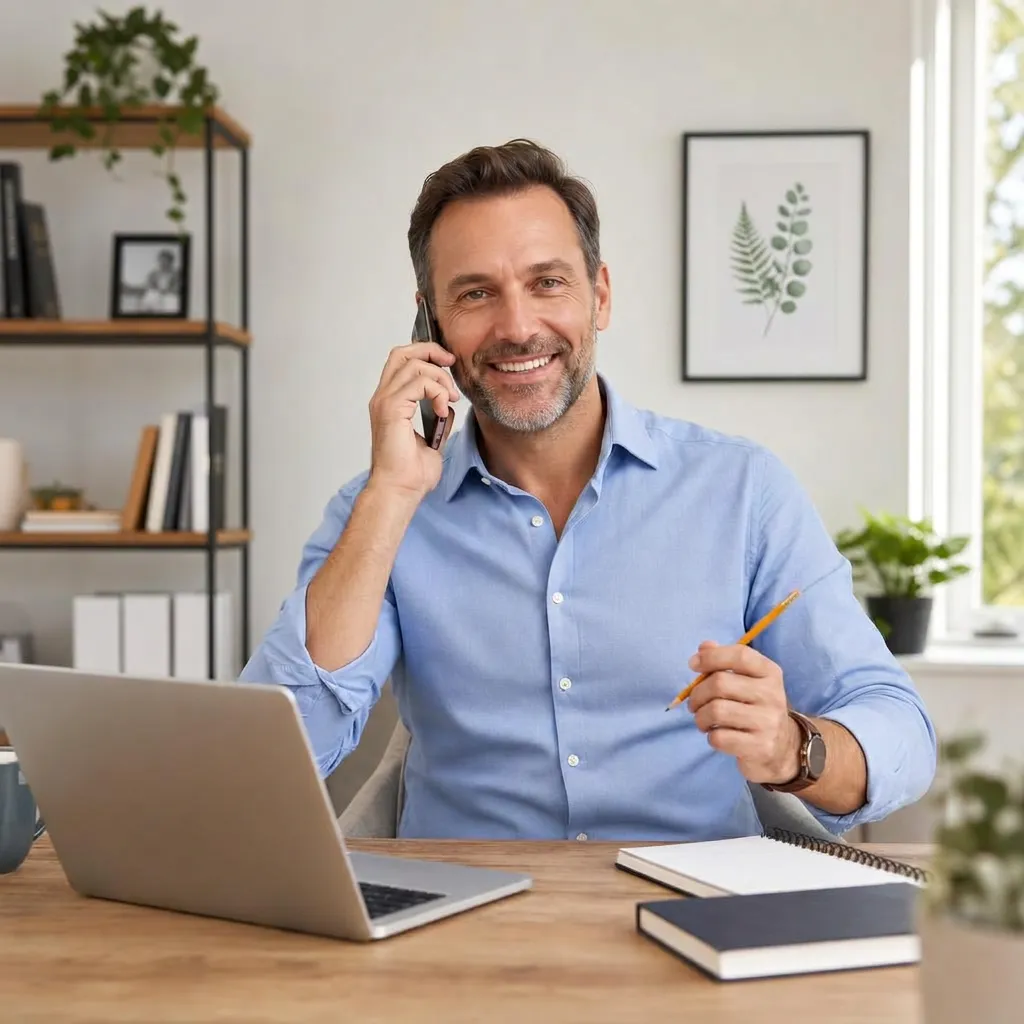 CASTLE® Pro Trainer entspannt am Telefon im Homeoffice