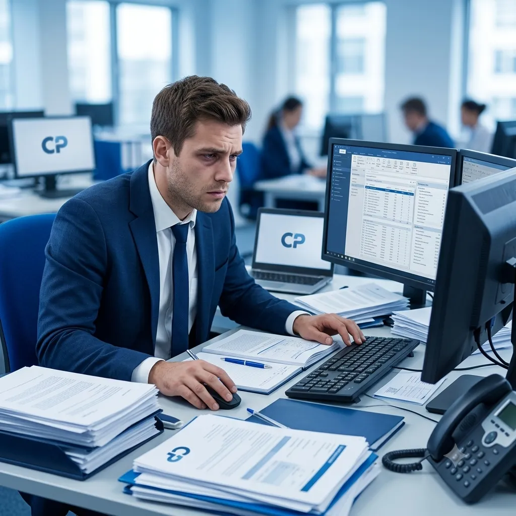 Fachkraft am Schreibtisch mit Monitor und Telefon – Unterrichtsausfall und Termindruck in der betrieblichen Weiterbildung