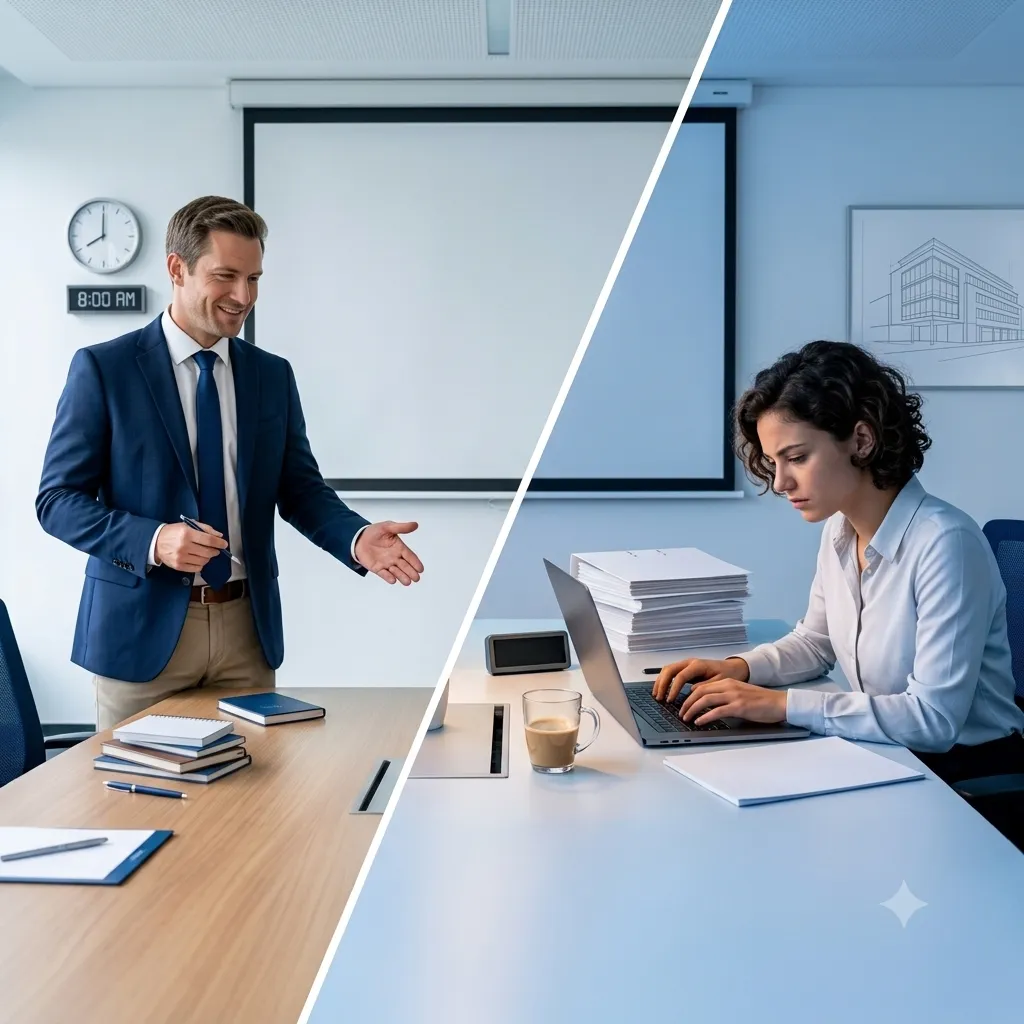 Trainer im Konferenzraum und Mitarbeitende am Laptop – Gegensatz zwischen klassischem Präsenztraining und flexiblem Lernen am Arbeitsplatz