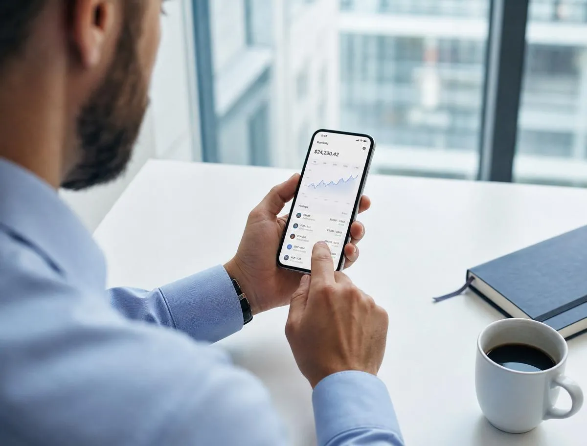 Business English Lern-App: Fachkraft tippt auf sichtbarem Smartphone in blau-weißem Office