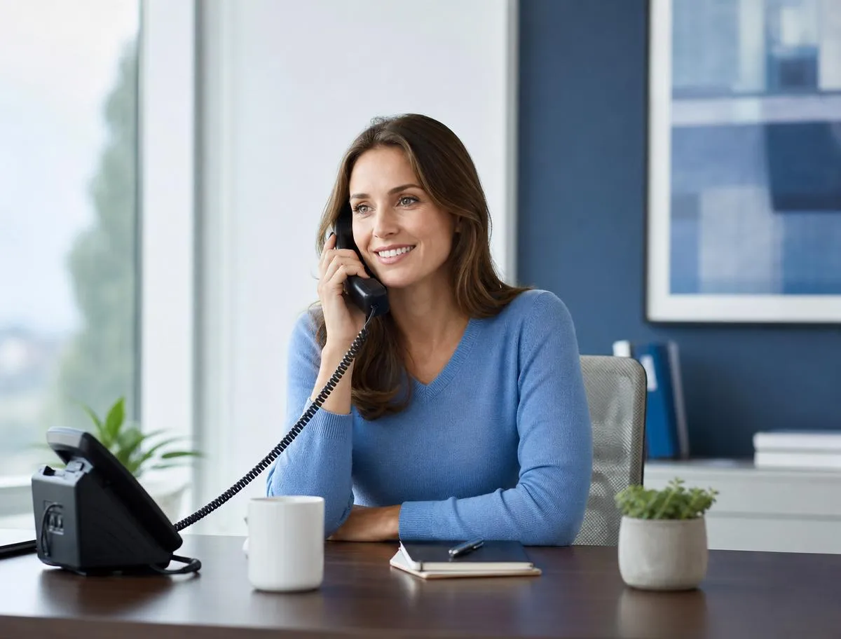 CASTLE® Pro 1:1 Business English Telefontraining: Coach in blauem Pullover am Telefon
