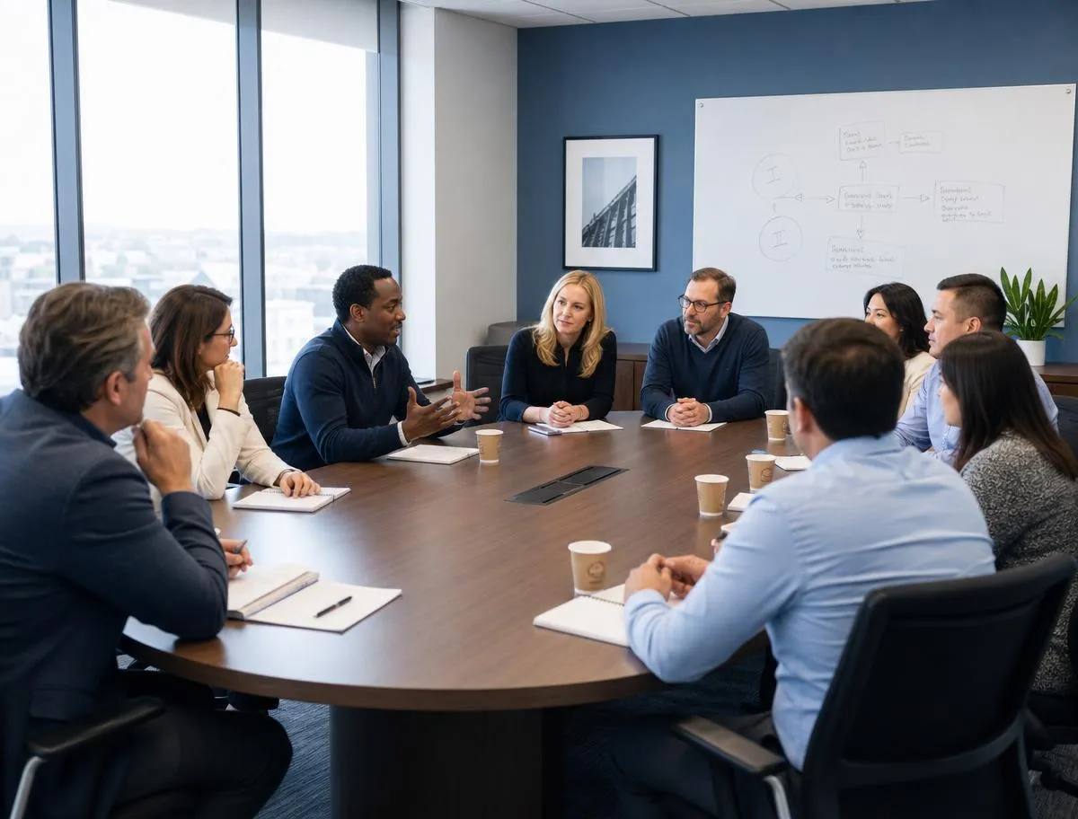 Business English Gruppenunterricht: Fachkräfte im Konferenzraum im Gespräch